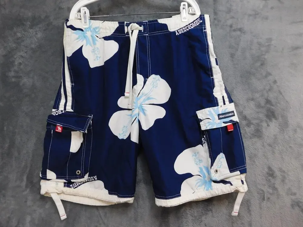 Abercrombie & Fitch Swim Shorts Mens L Blue Floral Microfiber Drawstring Pocket